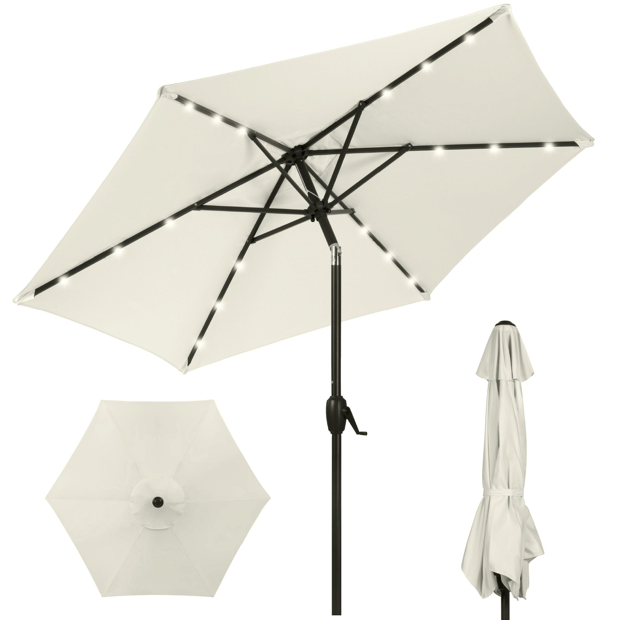 Outdoor Solar Patio Umbrella w/ Push Button Tilt, Crank Lift - 7.5ft - Ivory
