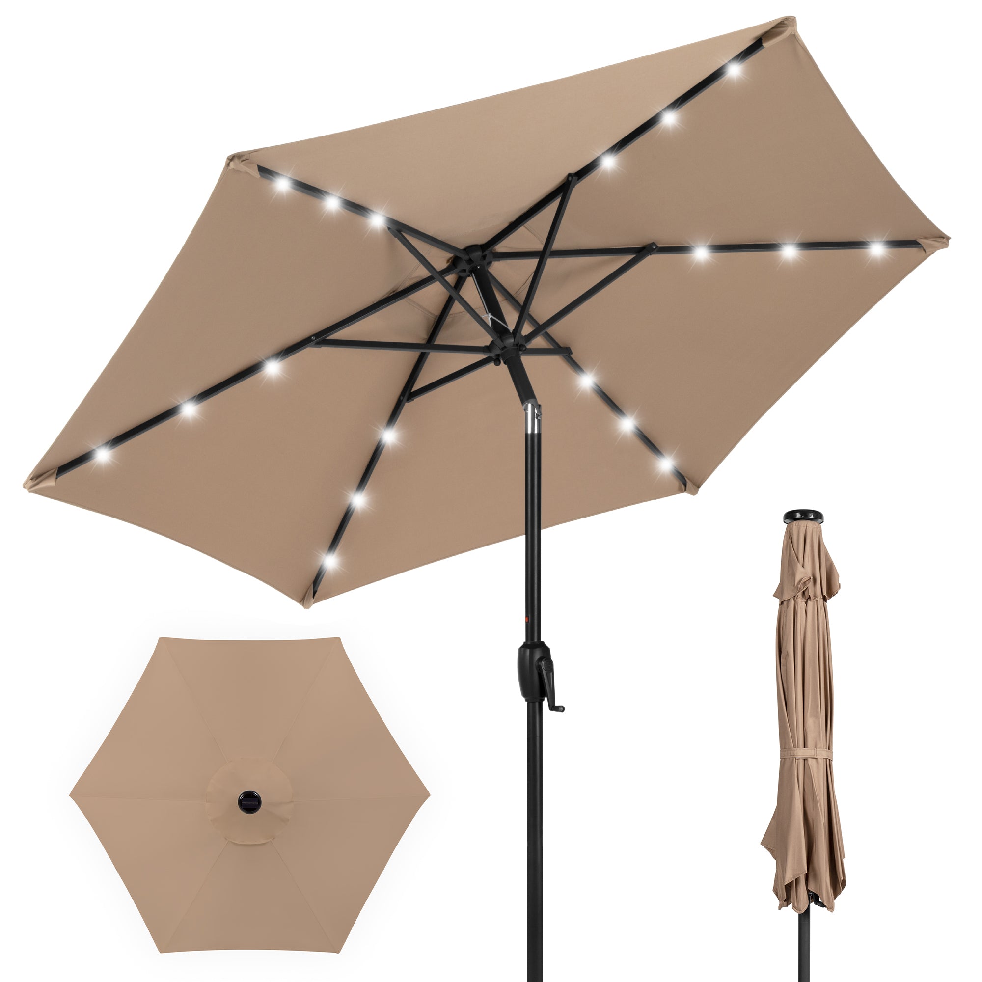 Outdoor Solar Patio Umbrella w/ Push Button Tilt, Crank Lift - 7.5ft - Tan