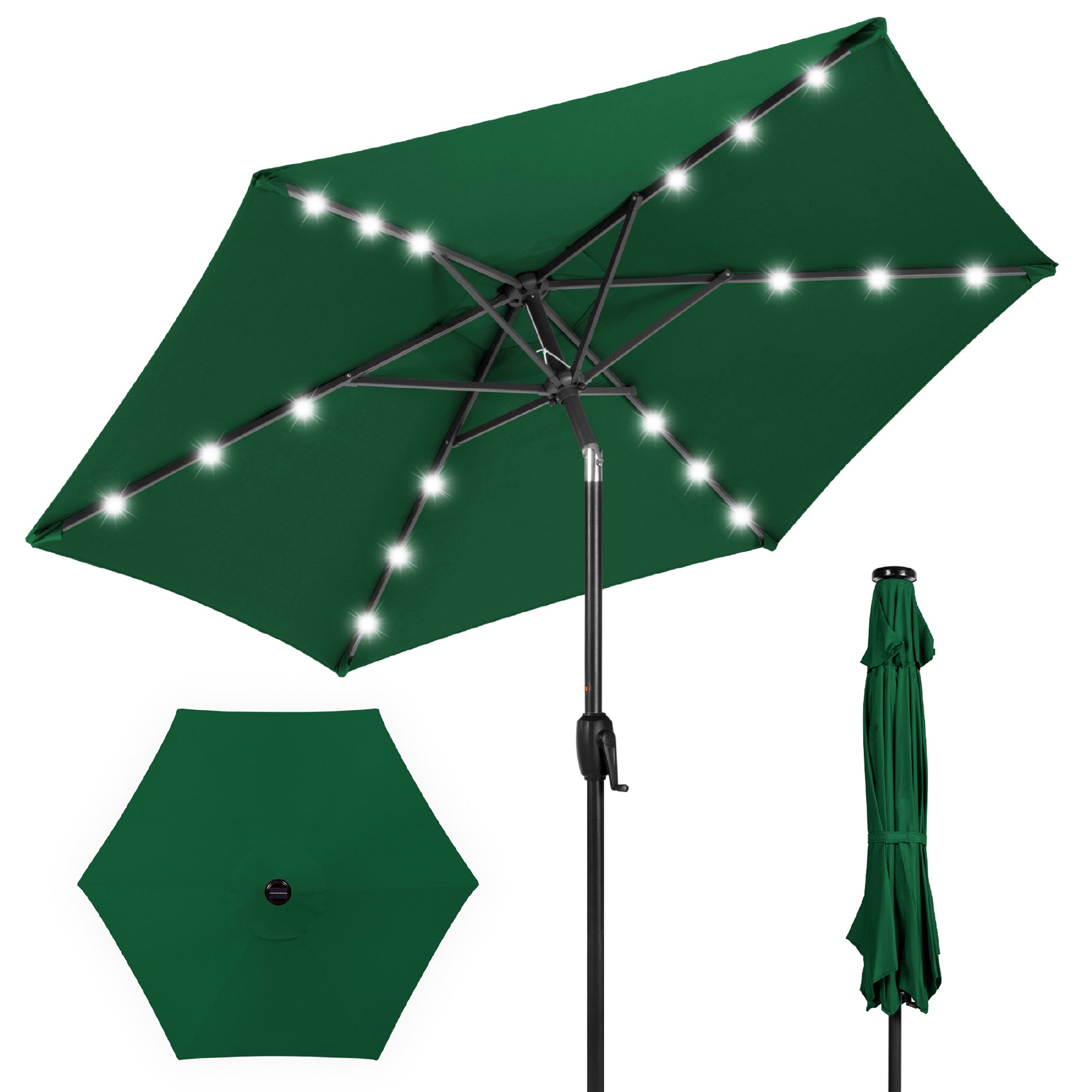Outdoor Solar Patio Umbrella w/ Push Button Tilt, Crank Lift - 7.5ft - Green