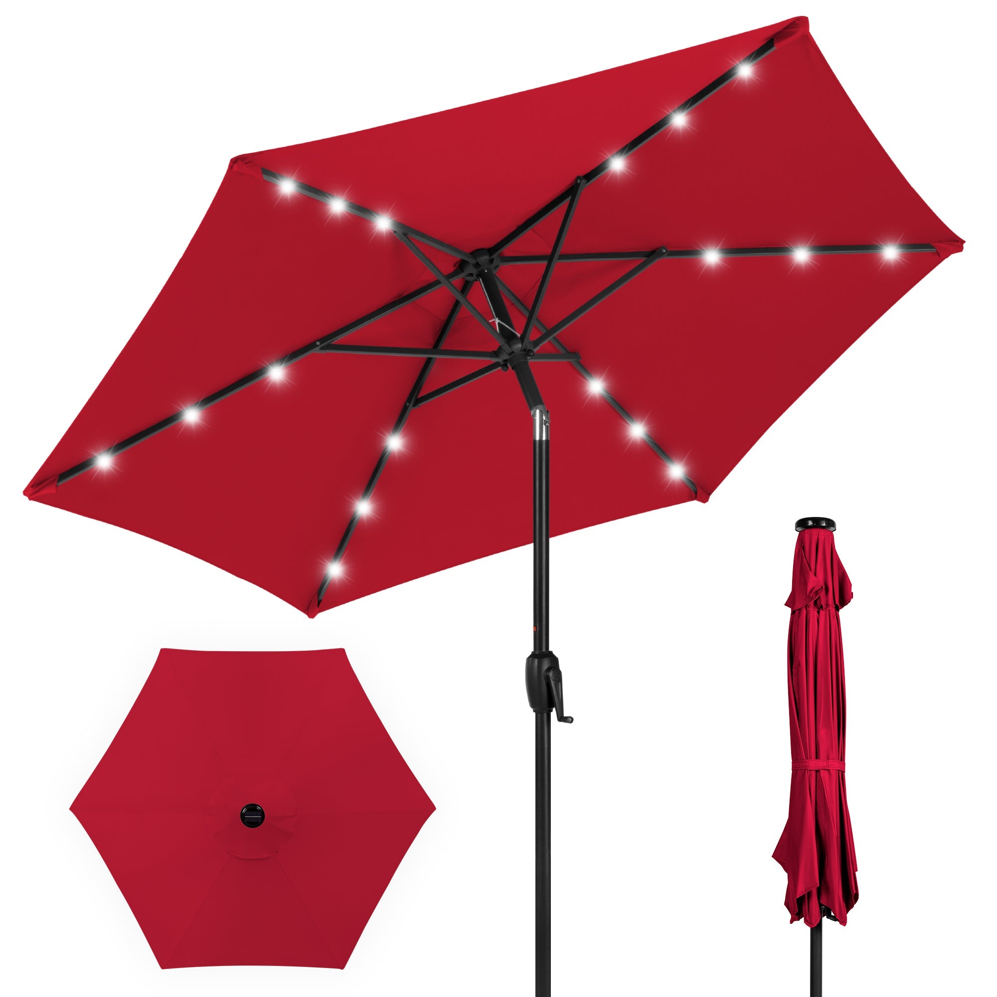 Outdoor Solar Patio Umbrella w/ Push Button Tilt, Crank Lift - 7.5ft - Red