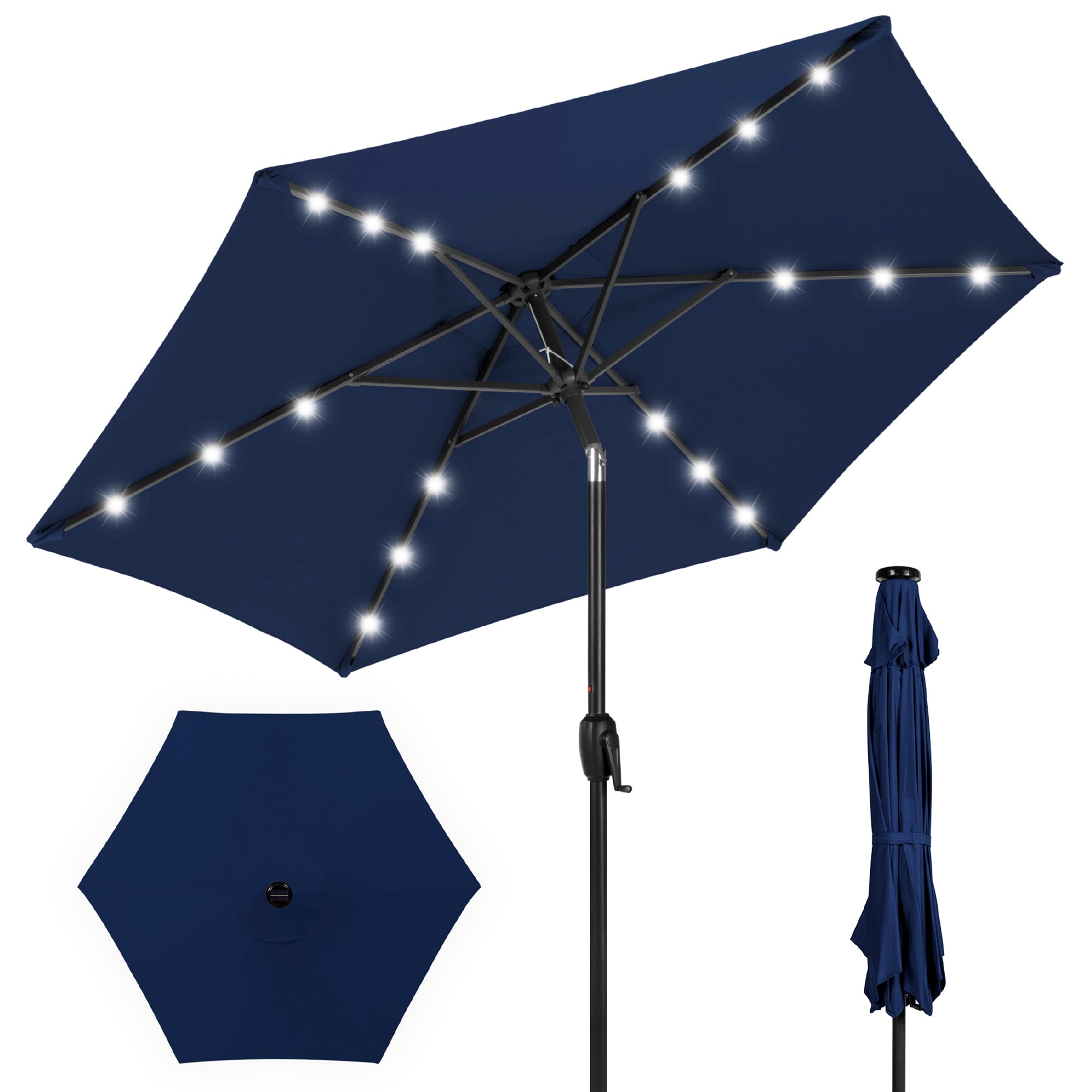 Outdoor Solar Patio Umbrella w/ Push Button Tilt, Crank Lift - 7.5ft - Navy Blue