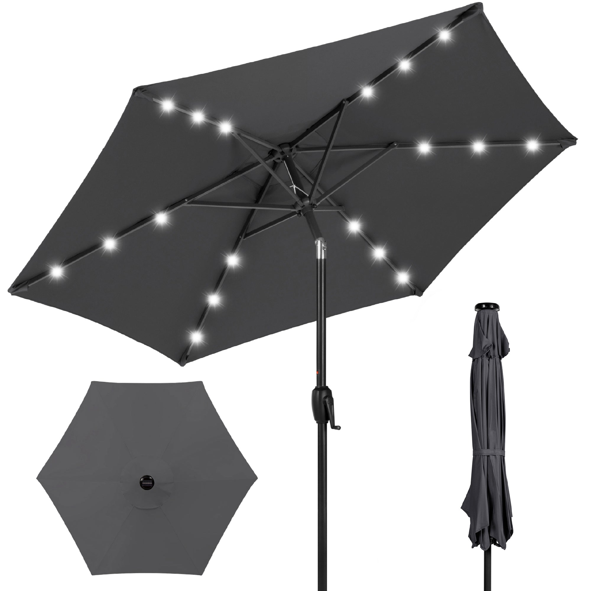 Outdoor Solar Patio Umbrella w/ Push Button Tilt, Crank Lift - 7.5ft - Gray