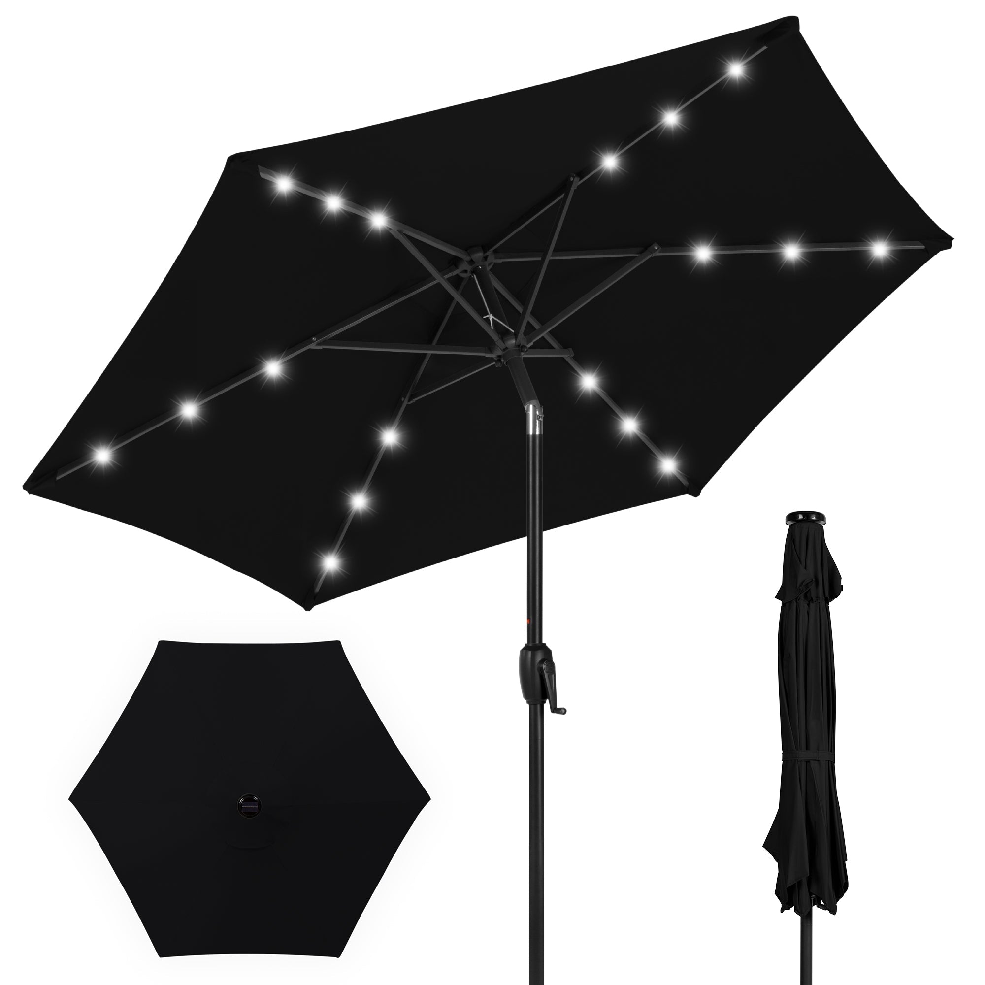 Outdoor Solar Patio Umbrella w/ Push Button Tilt, Crank Lift - 7.5ft - Black