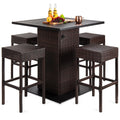 5-Piece Wicker Bar Set w/ 4 Stools, Built-In Bottle Opener, Hidden Storage - Brown