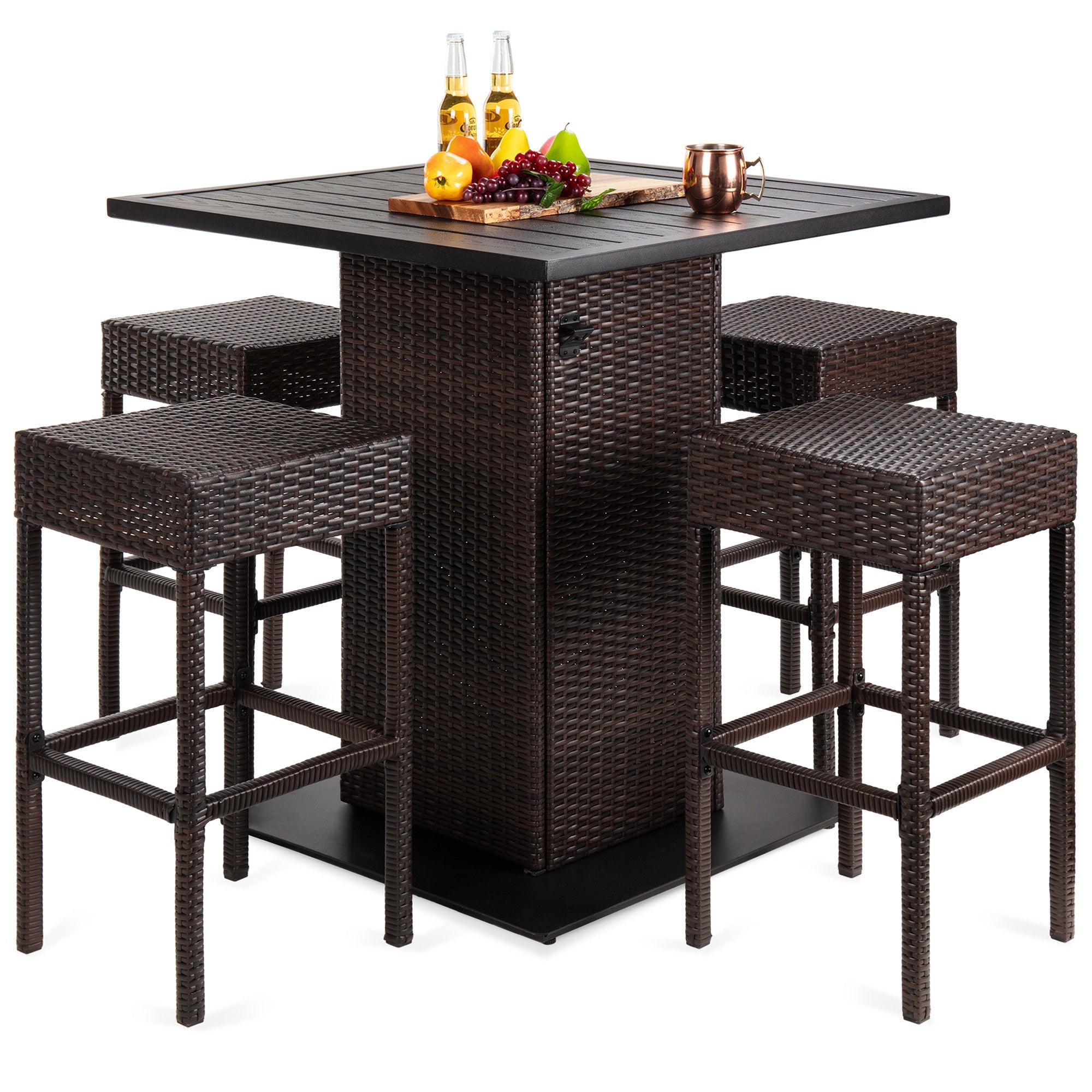 5-Piece Wicker Bar Set w/ 4 Stools, Built-In Bottle Opener, Hidden Storage - Brown