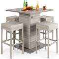 5-Piece Wicker Bar Set w/ 4 Stools, Built-In Bottle Opener, Hidden Storage - Gray