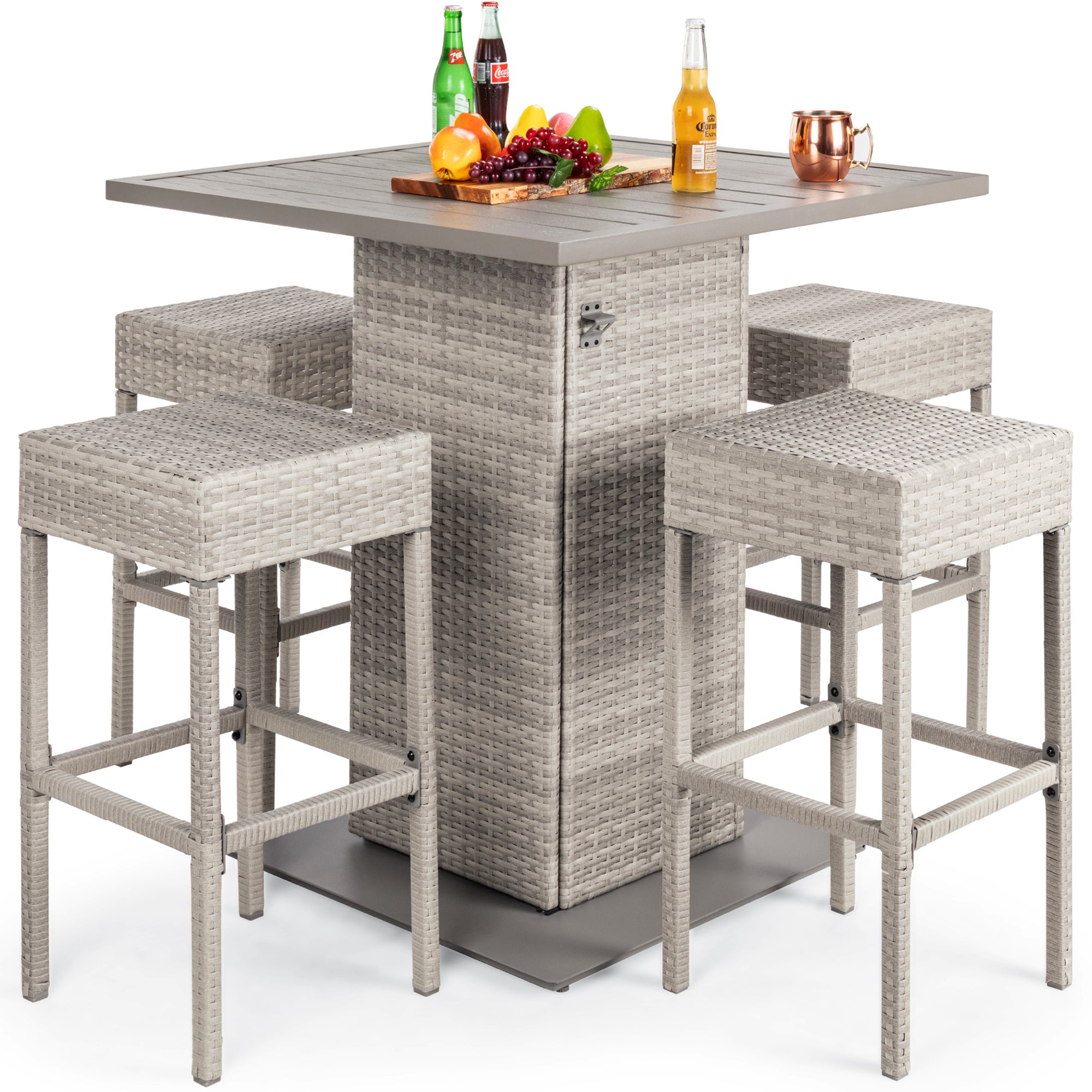 5-Piece Wicker Bar Set w/ 4 Stools, Built-In Bottle Opener, Hidden Storage - Gray
