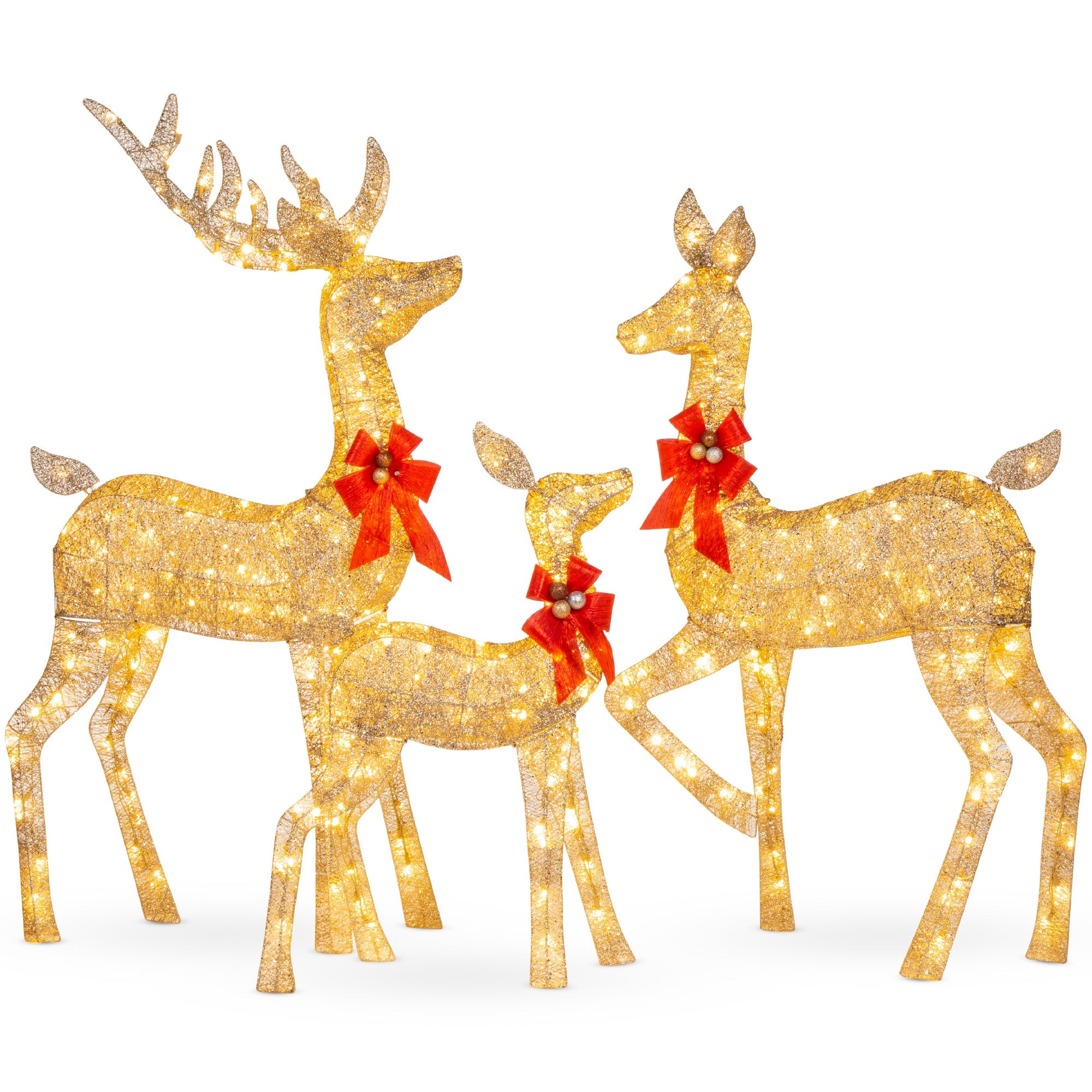 3-Piece Lighted Christmas Deer Set Outdoor Decor with LED Lights - Gold