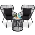 3-Piece Patio Wicker Conversation Bistro Set w/ 2 Chairs, Glass Top Table - Black