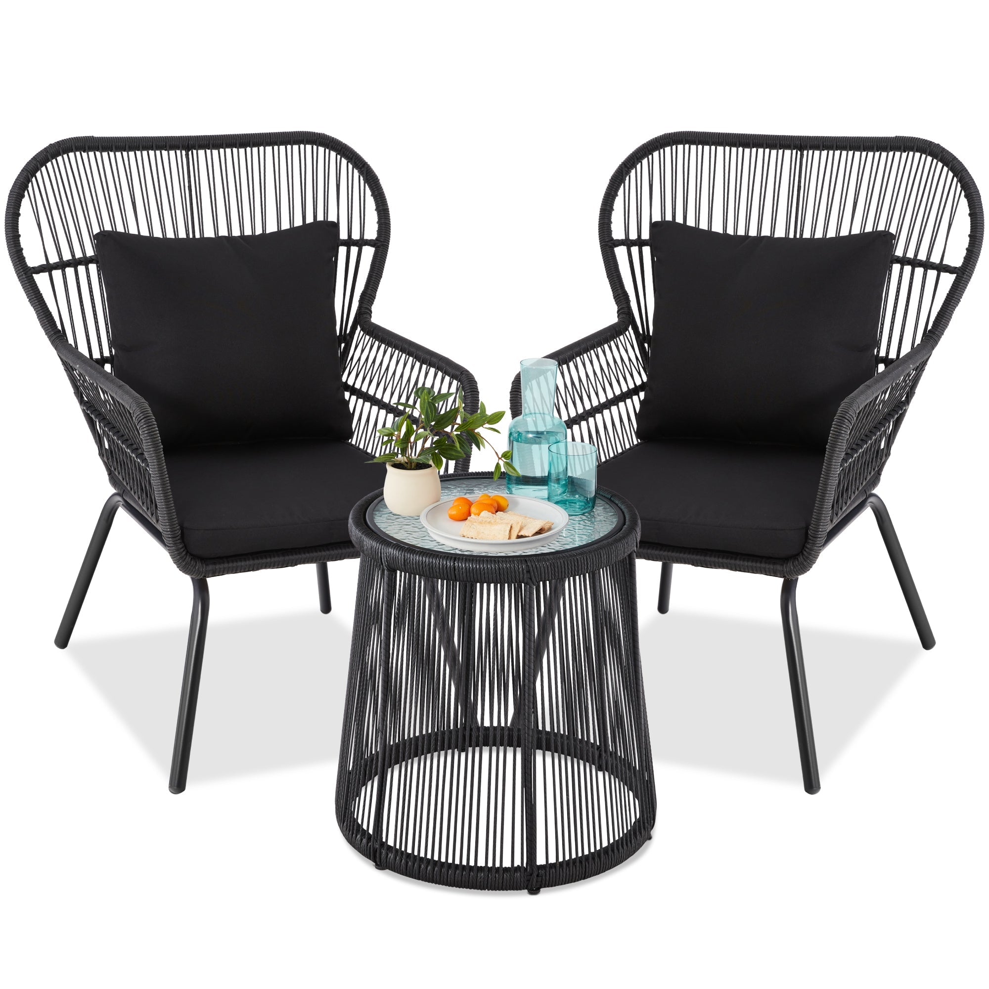 3-Piece Patio Wicker Conversation Bistro Set w/ 2 Chairs, Glass Top Table - Black