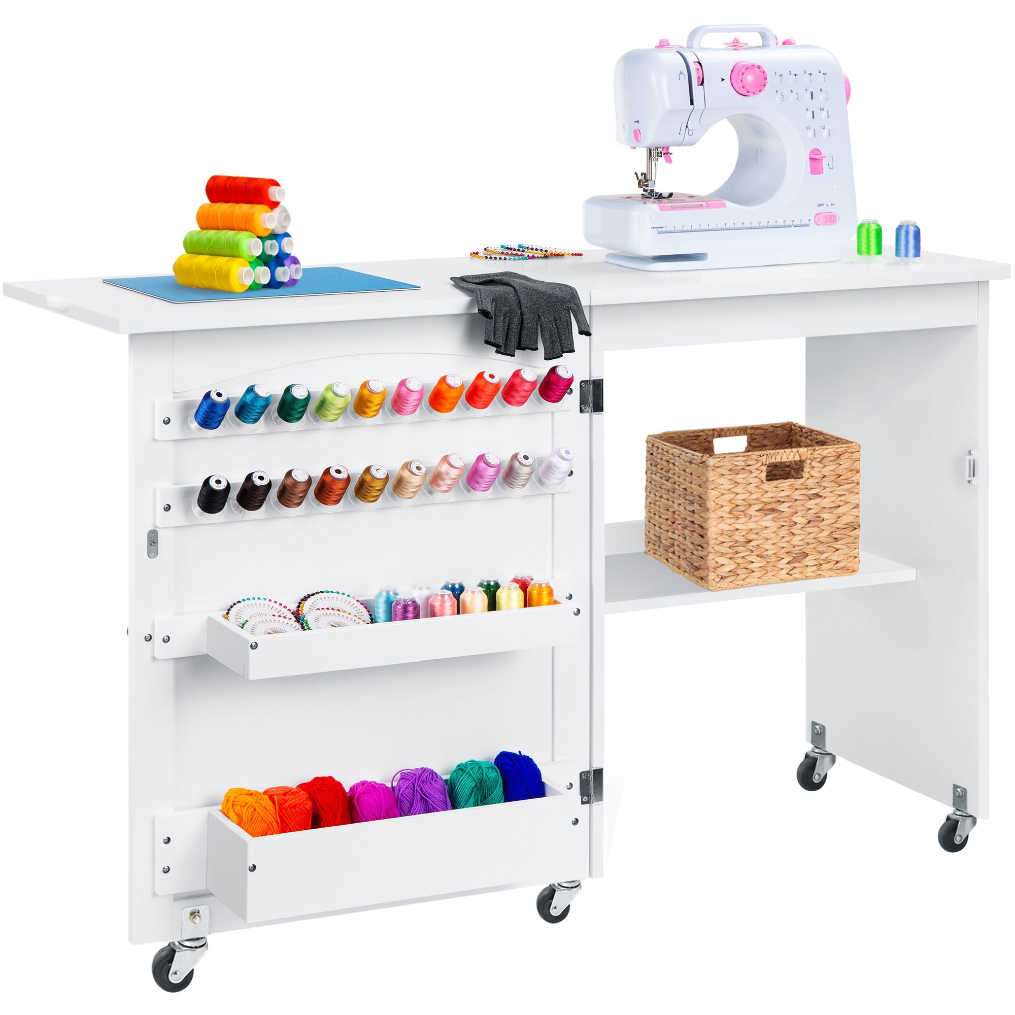Folding Sewing Table Multipurpose Craft Station & Side Table w/ Wheels - White