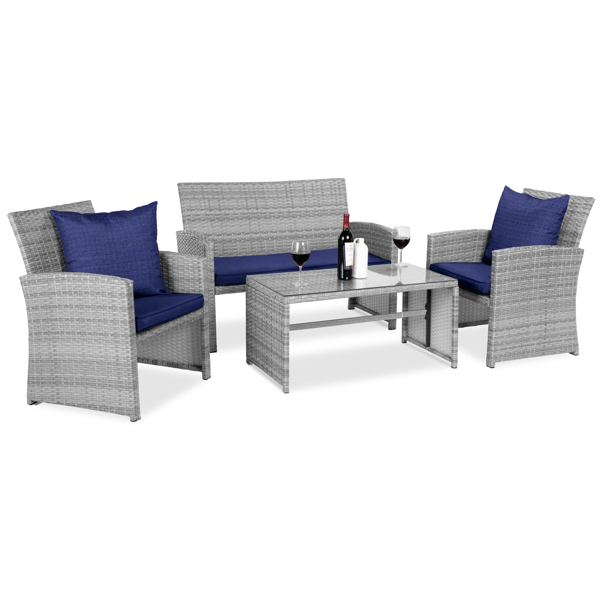 4-Piece Outdoor Wicker Conversation Patio Set w/ 4 Seats, Glass Table Top - Gray/Navy