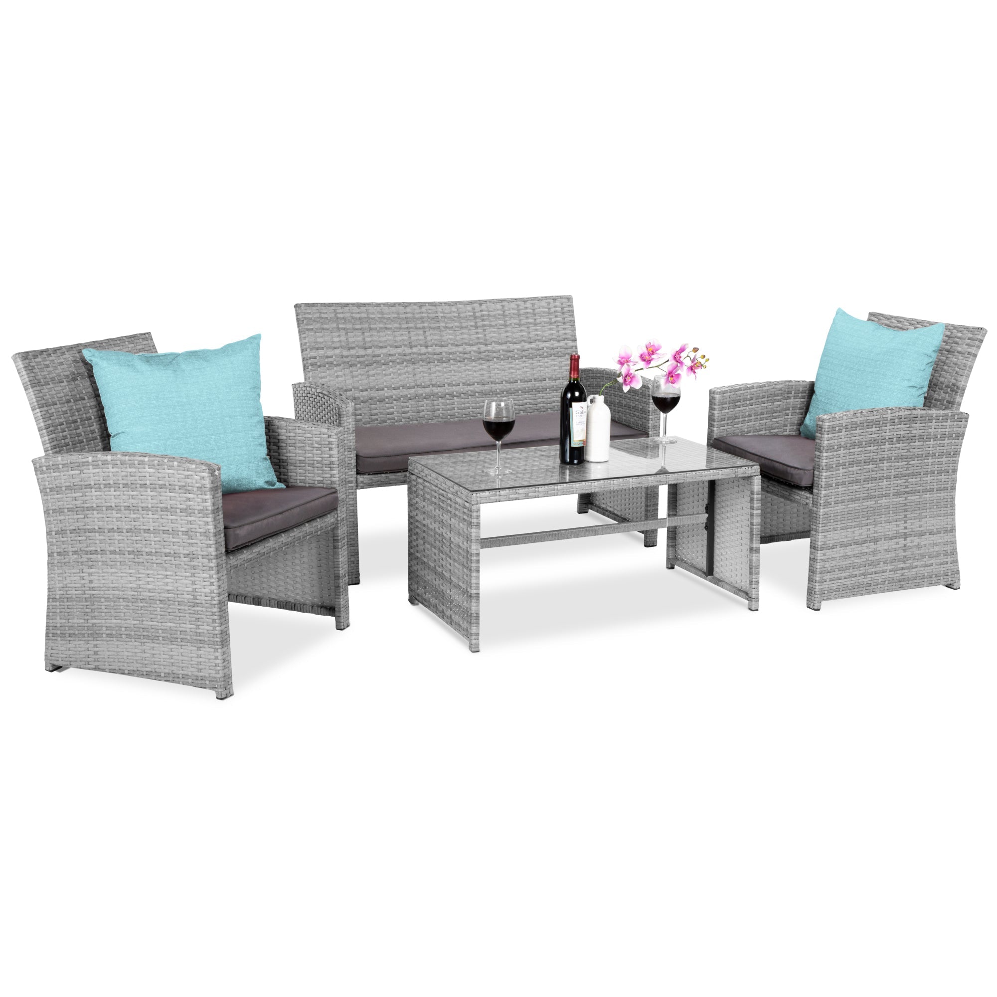 4-Piece Outdoor Wicker Conversation Patio Set w/ 4 Seats, Glass Table Top - Gray/Gray