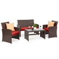 4-Piece Outdoor Wicker Conversation Patio Set w/ 4 Seats, Glass Table Top - Brown/Red