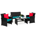 4-Piece Outdoor Wicker Conversation Patio Set w/ 4 Seats, Glass Table Top - Black/Teal