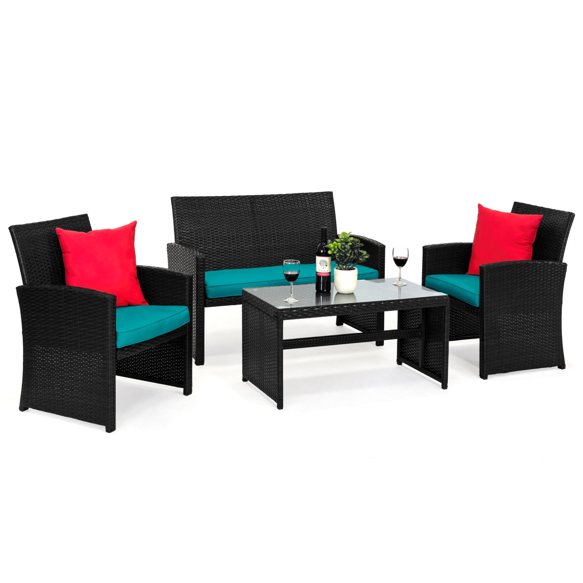 4-Piece Outdoor Wicker Conversation Patio Set w/ 4 Seats, Glass Table Top - Black/Teal