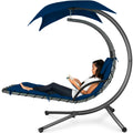Hanging Curved Chaise Lounge Chair w/ Built-In Pillow, Removable Canopy - Navy Blue