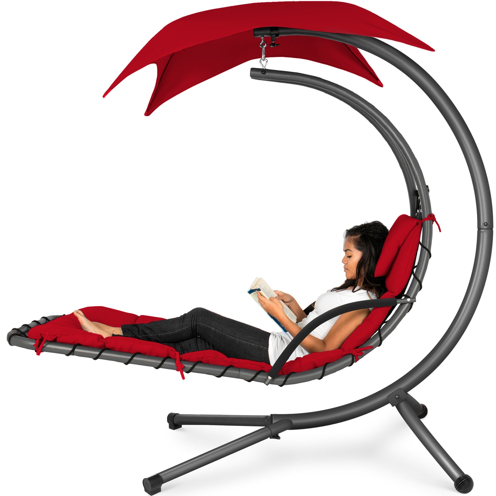 Hanging Curved Chaise Lounge Chair w/ Built-In Pillow, Removable Canopy - Red