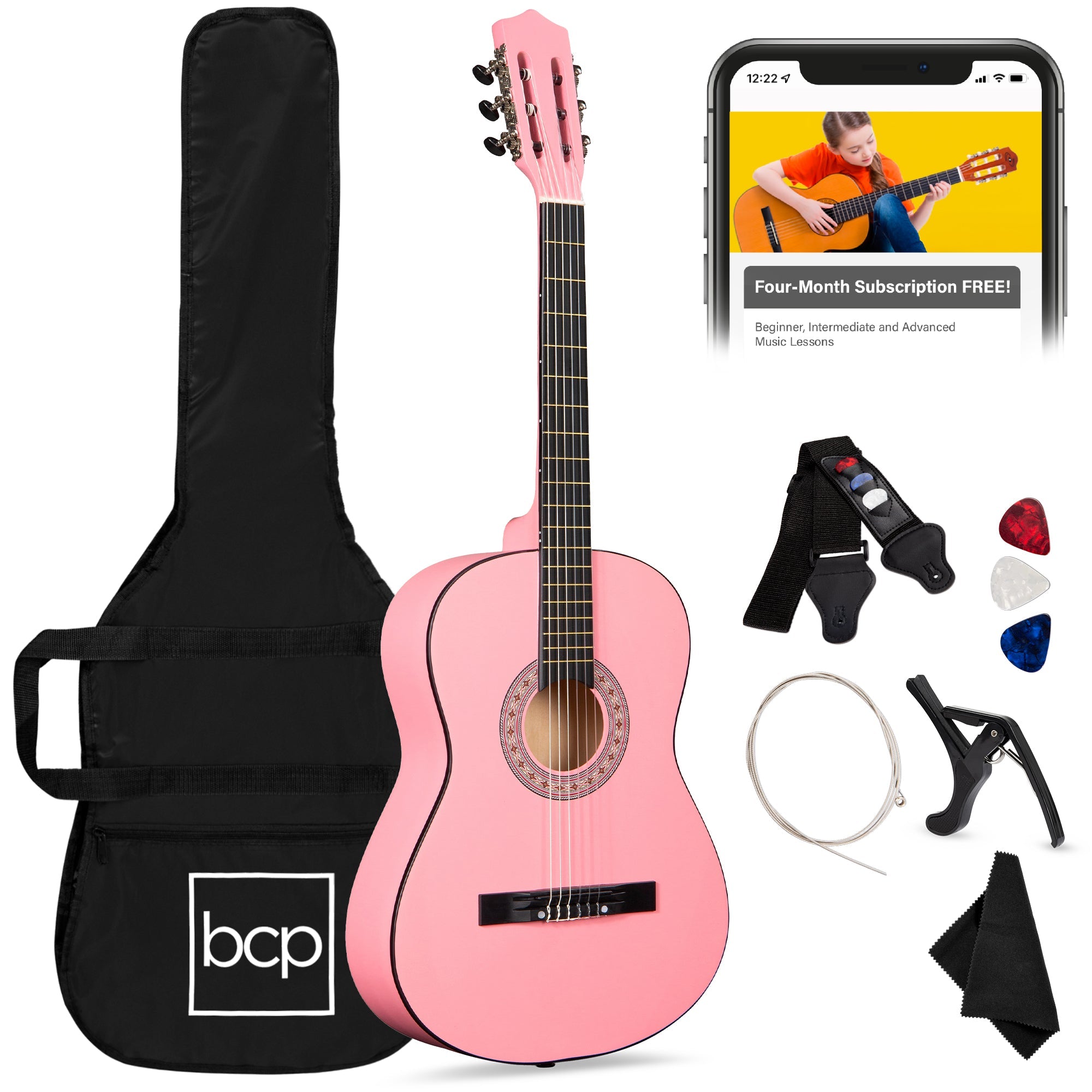 Beginner Acoustic Guitar Set w/ Case, Strap, Extra Strings - 38in - Pink