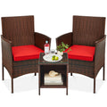 3-Piece Outdoor Patio Wicker Bistro Set w/ Side Storage Table - Brown/Red