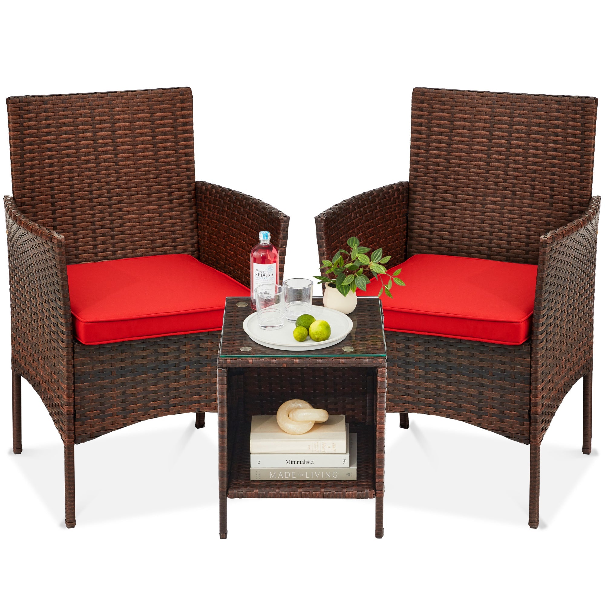 3-Piece Outdoor Patio Wicker Bistro Set w/ Side Storage Table - Brown/Red
