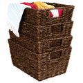 Set of 4 Seagrass Storage Tote Baskets, Laundry Organizer w/ Insert Handles - Brown