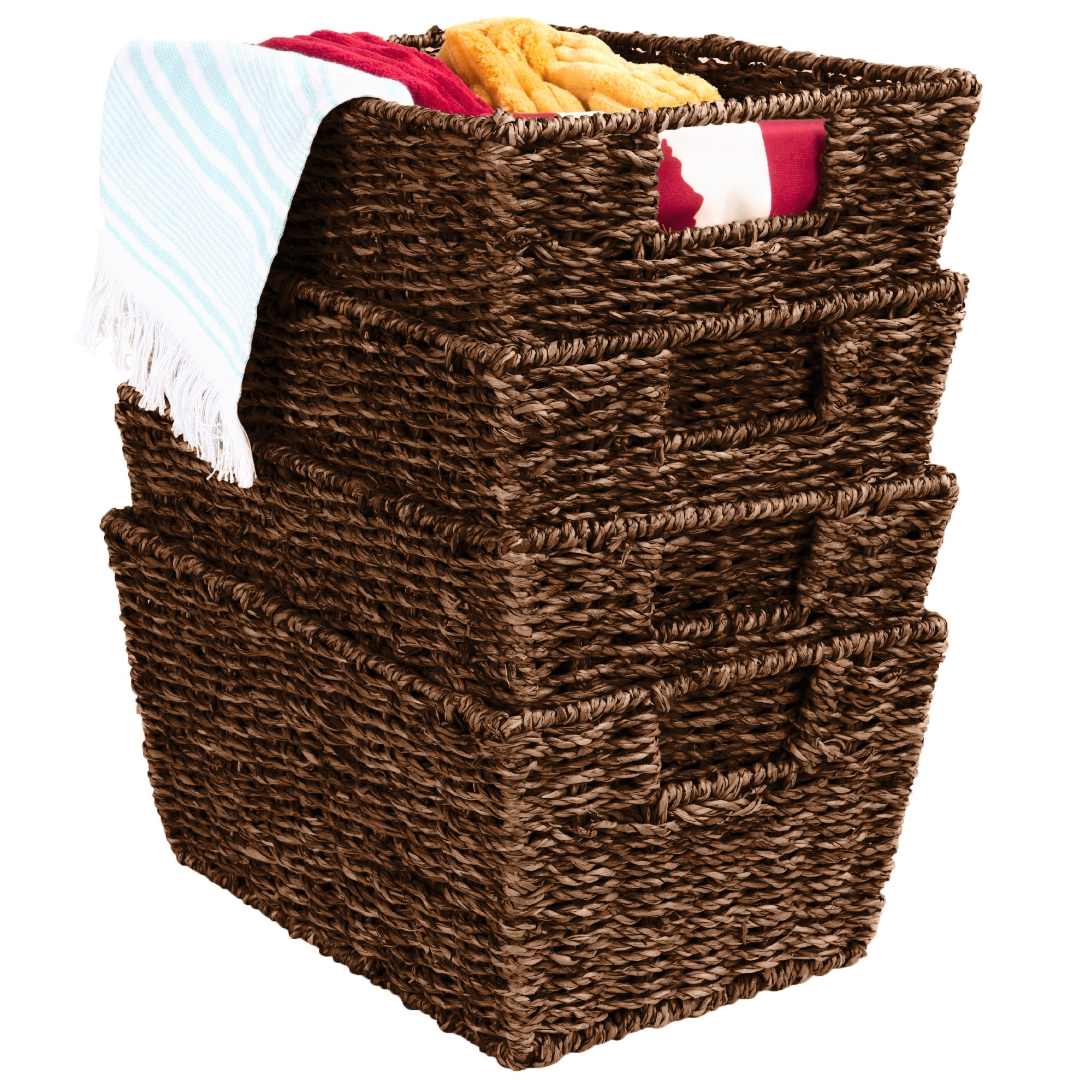 Set of 4 Seagrass Storage Tote Baskets, Laundry Organizer w/ Insert Handles - Brown