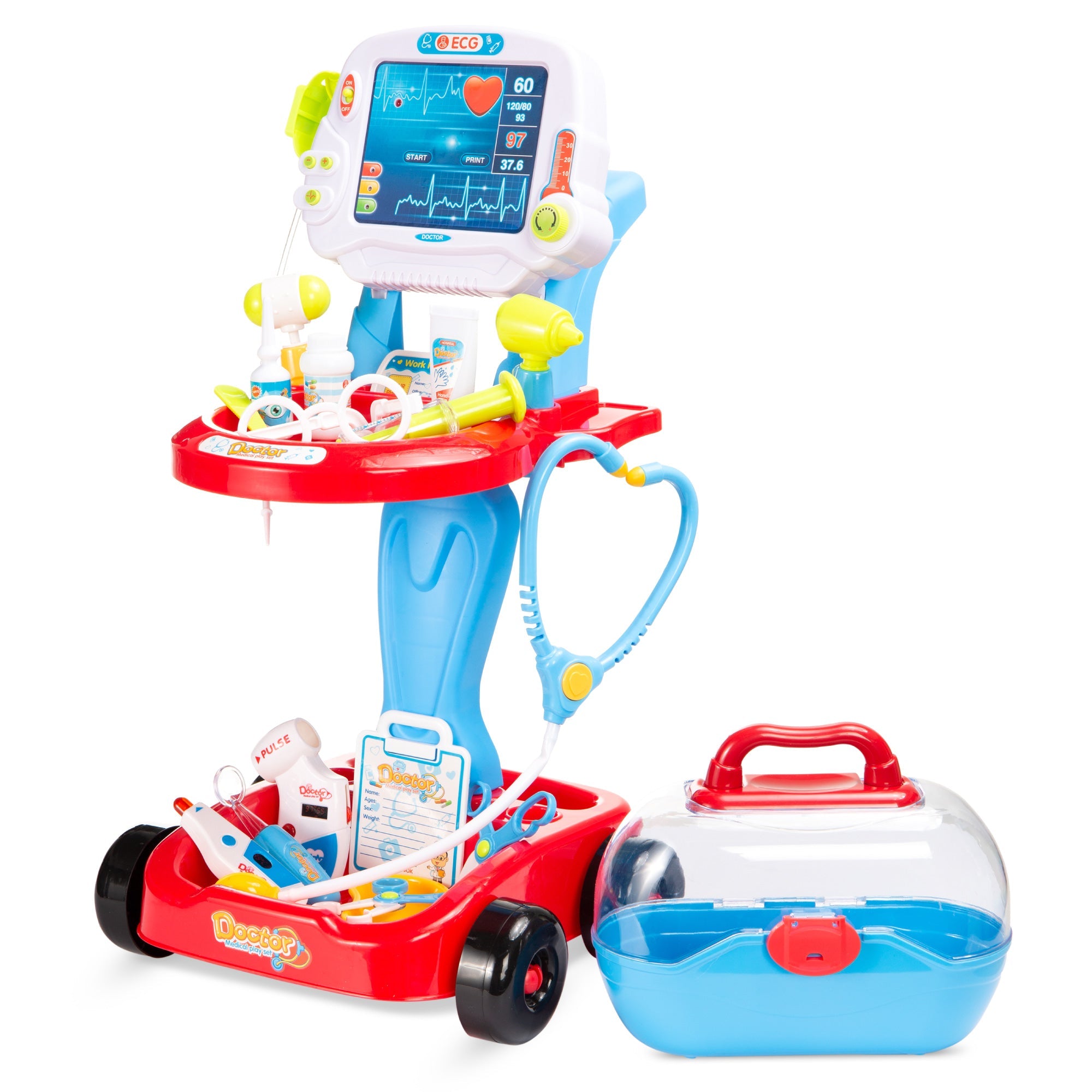 Play Doctor Kit for Kids, Boys & Girls with 17 Accessories, Mobile Cart - Blue