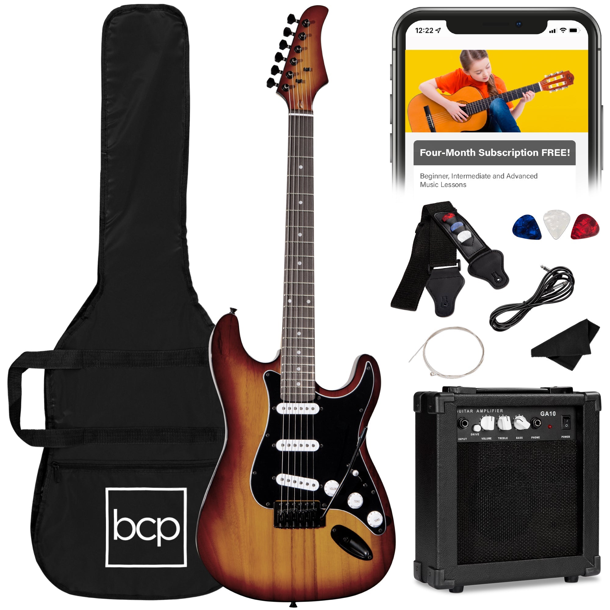 Beginner Electric Guitar Kit w/ Case, 10W Amp, Tremolo Bar - 39in - Bourbon