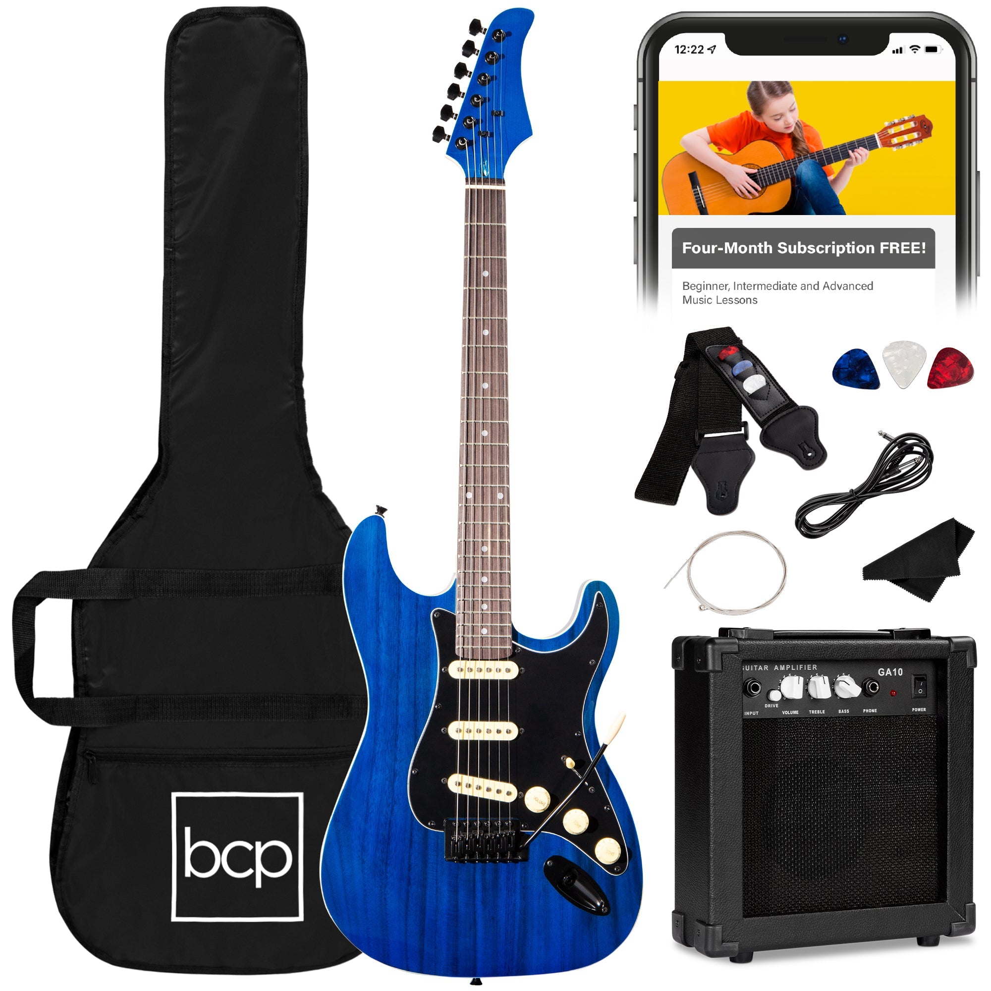 Beginner Electric Guitar Kit w/ Case, 10W Amp, Tremolo Bar - 39in - Midnight Blue