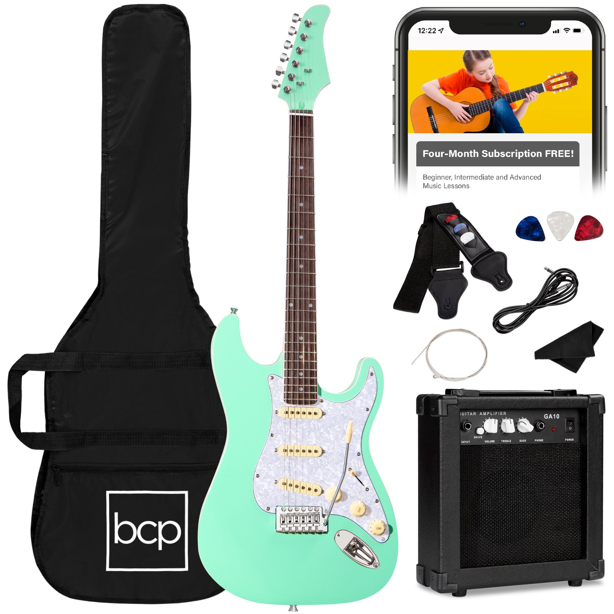 Beginner Electric Guitar Kit w/ Case, 10W Amp, Tremolo Bar - 39in - SoCal Green