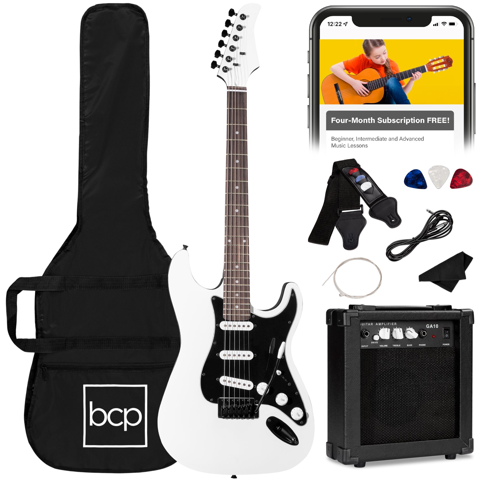 Beginner Electric Guitar Kit w/ Case, 10W Amp, Tremolo Bar - 39in - Glacier White