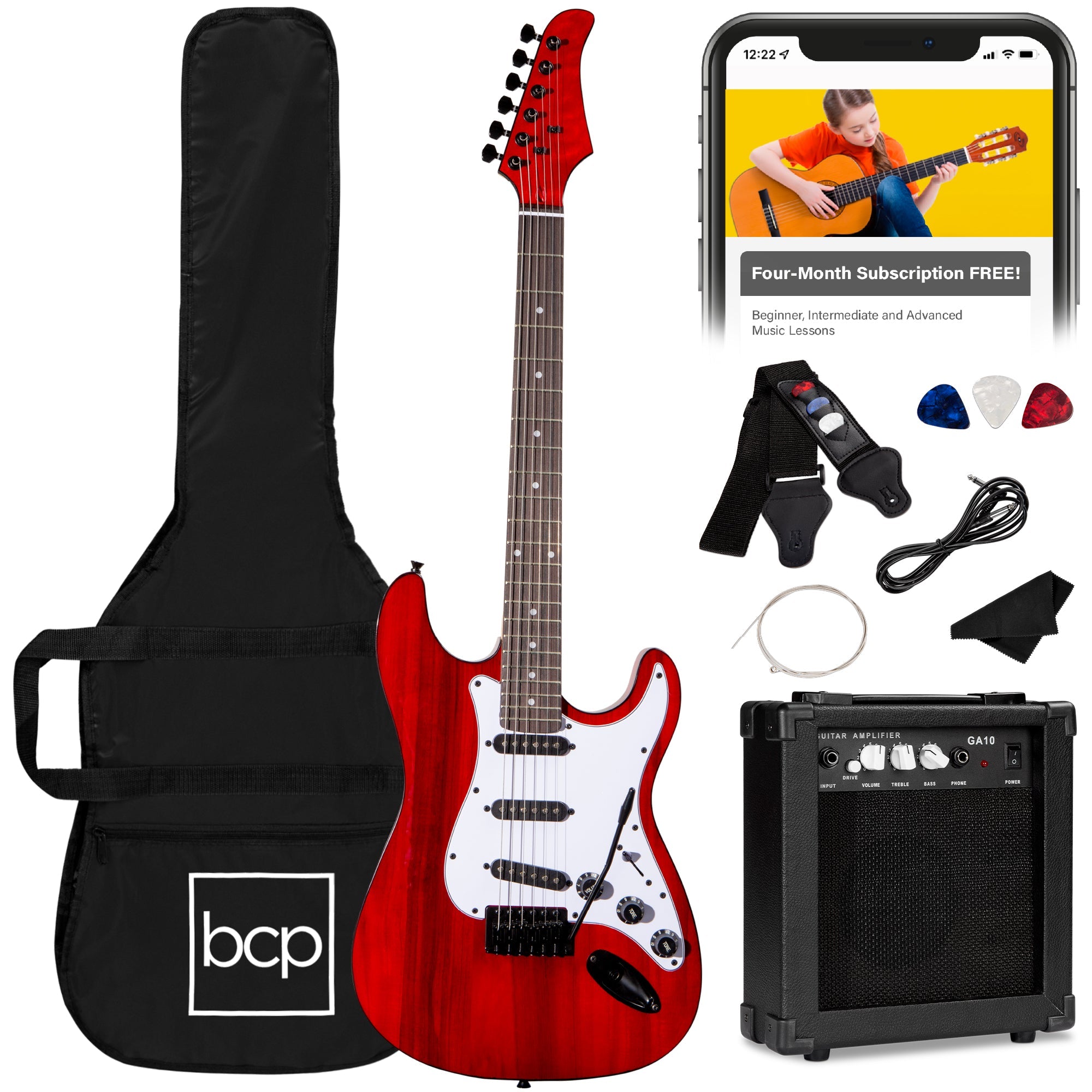 Beginner Electric Guitar Kit w/ Case, 10W Amp, Tremolo Bar - 39in - Cherry Red