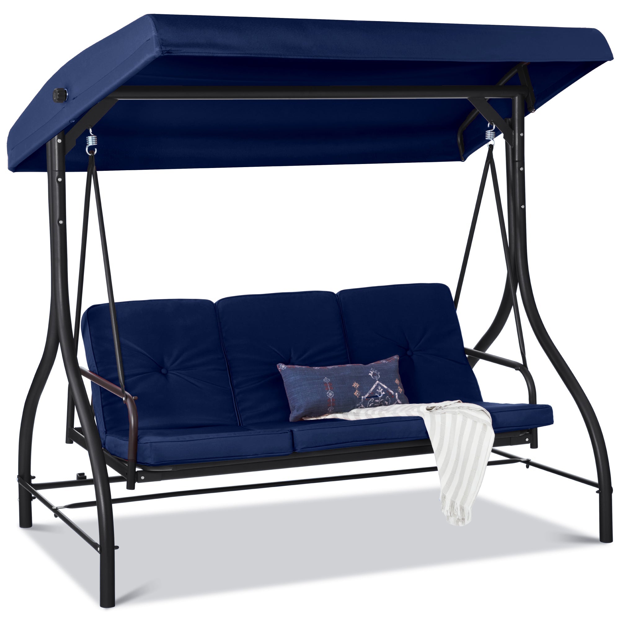 3-Seat Outdoor Canopy Swing Glider Furniture w/ Converting Flatbed Backrest - Navy