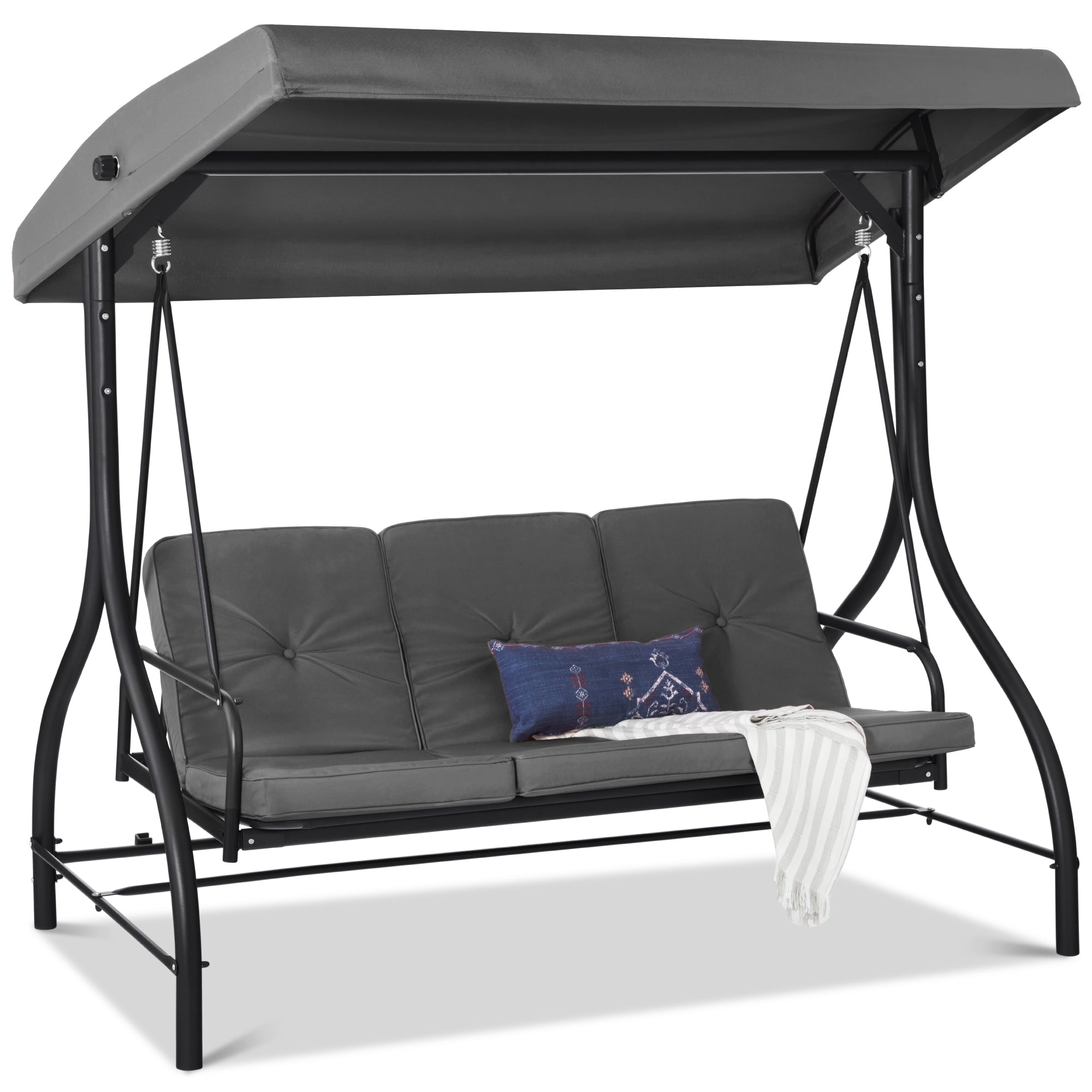 3-Seat Outdoor Canopy Swing Glider Furniture w/ Converting Flatbed Backrest - Gray