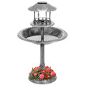 Solar Lighted Outdoor Pedestal Bird Bath w/ Planter, Decorative Bird Cage - Stone
