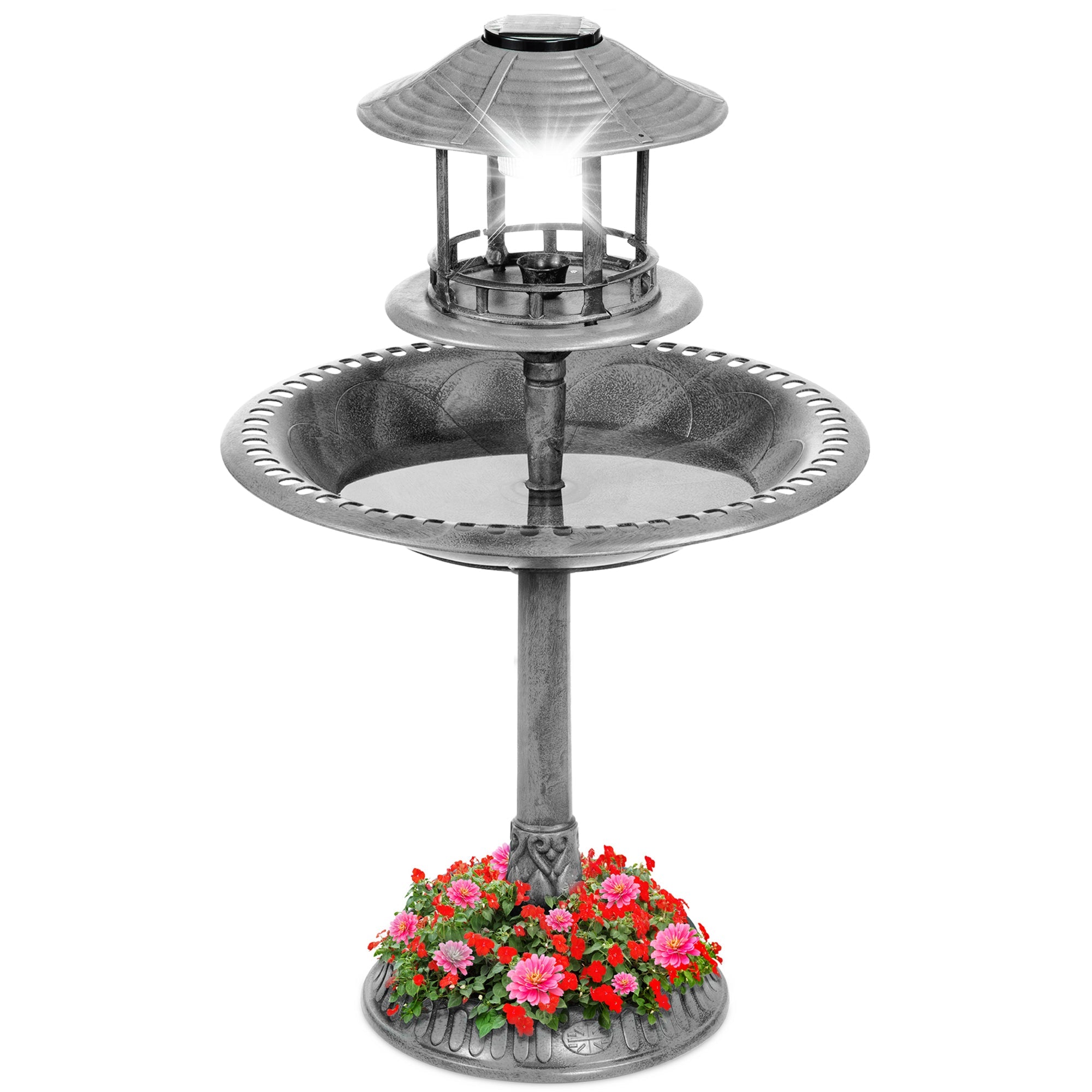 Solar Lighted Outdoor Pedestal Bird Bath w/ Planter, Decorative Bird Cage - Stone