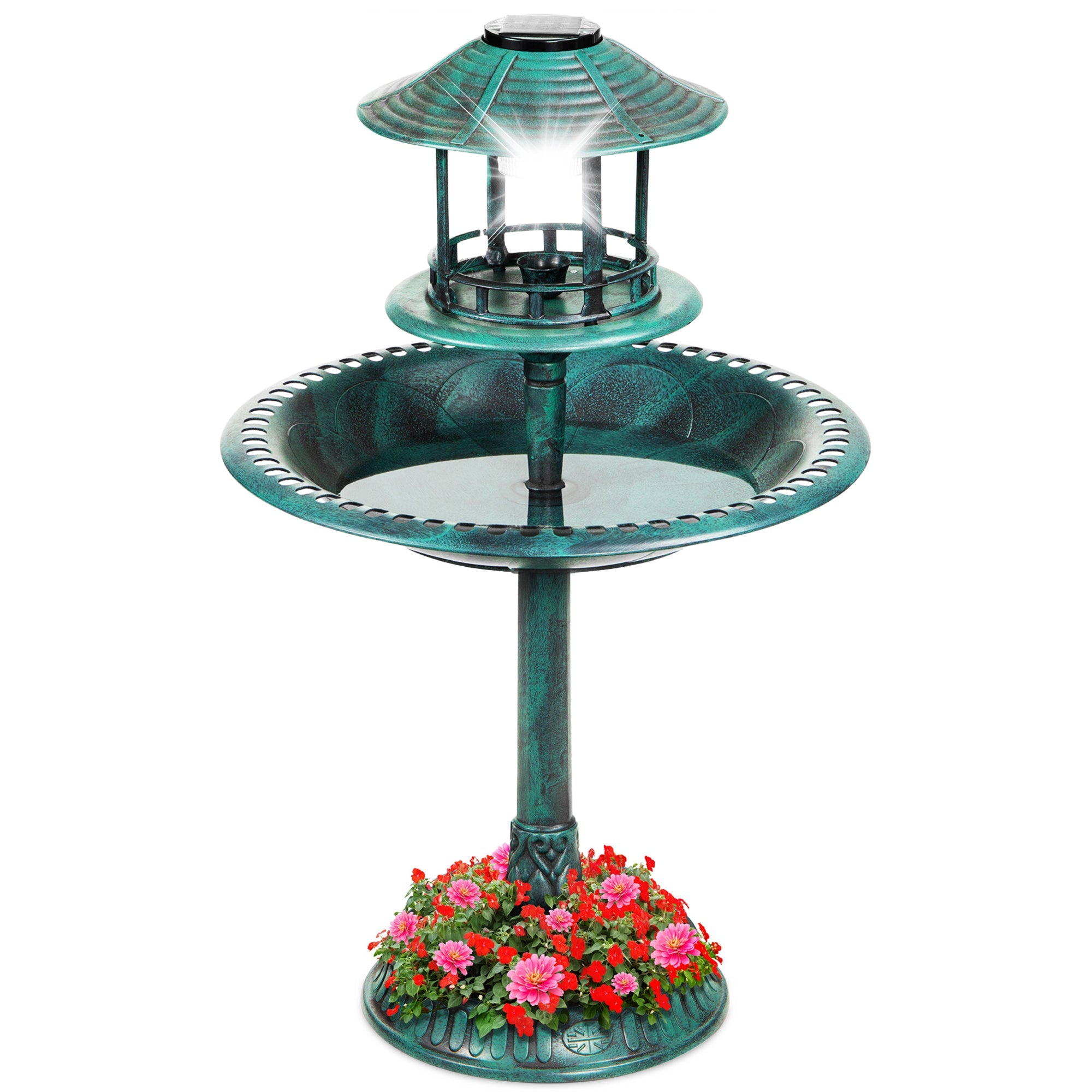 Solar Lighted Outdoor Pedestal Bird Bath w/ Planter, Decorative Bird Cage - Green