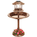 Solar Lighted Outdoor Pedestal Bird Bath w/ Planter, Decorative Bird Cage - Bronze