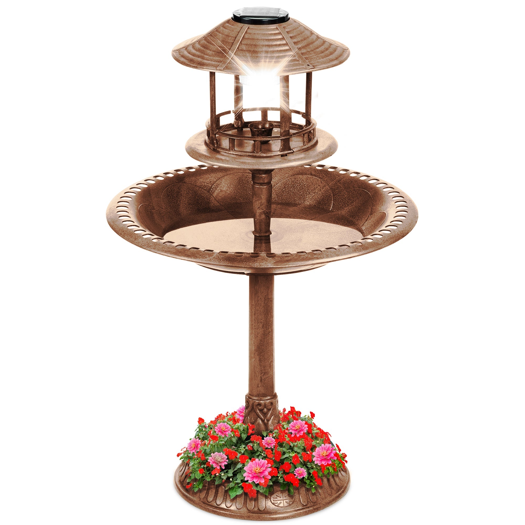 Solar Lighted Outdoor Pedestal Bird Bath w/ Planter, Decorative Bird Cage - Bronze