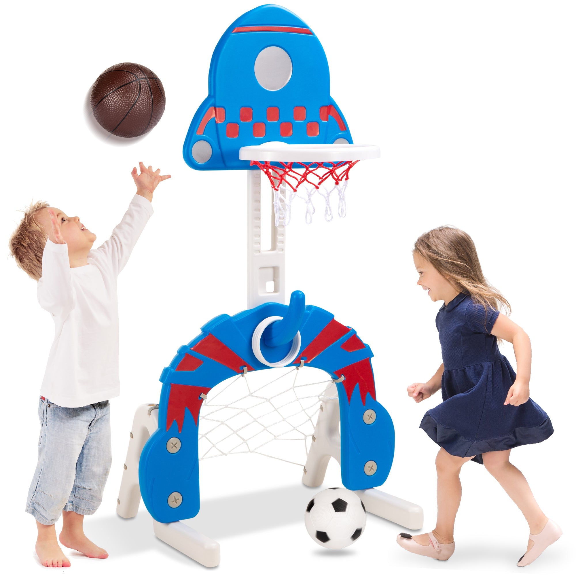 3-in-1 Toddler Basketball Hoop Sports Activity Center Play Set - Blue with Ring Toss