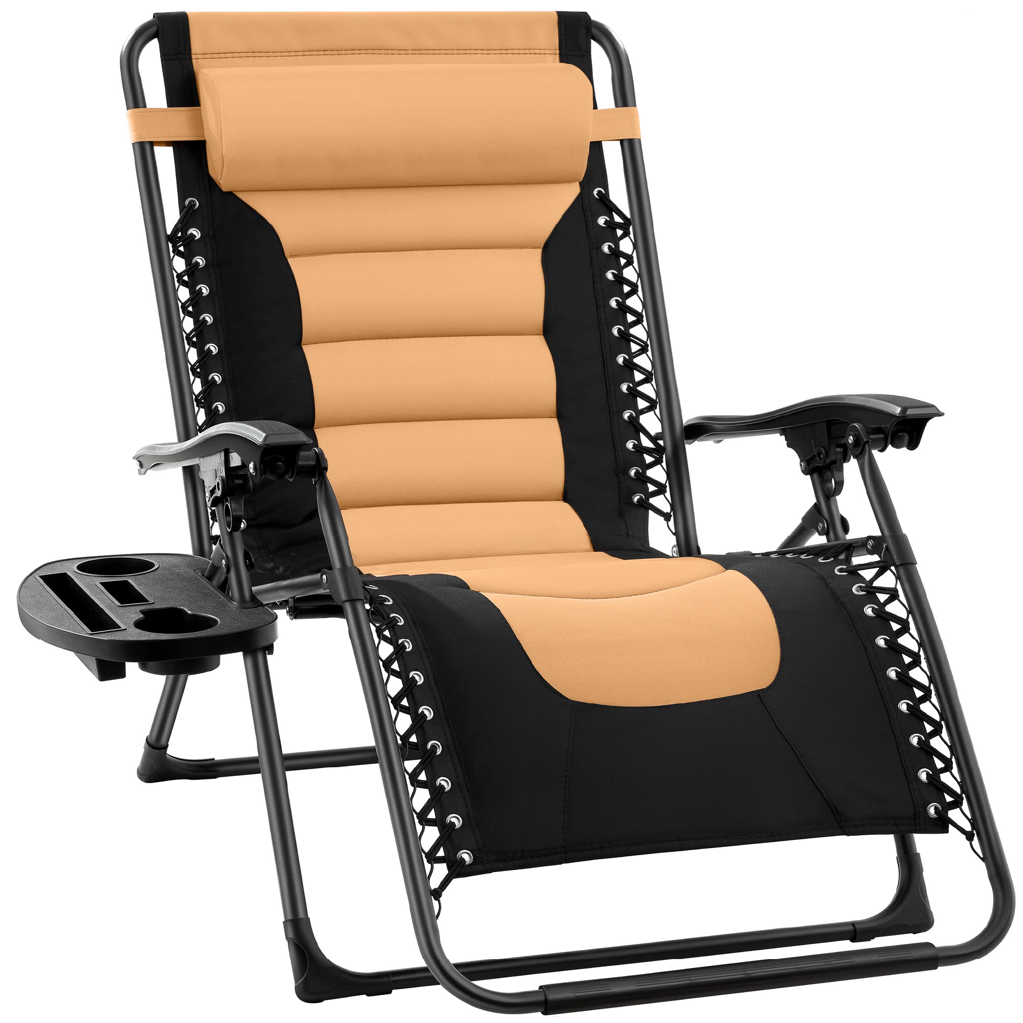 Oversized Padded Zero Gravity Chair, Folding Recliner w/ Headrest, Side Tray - Tan/Black