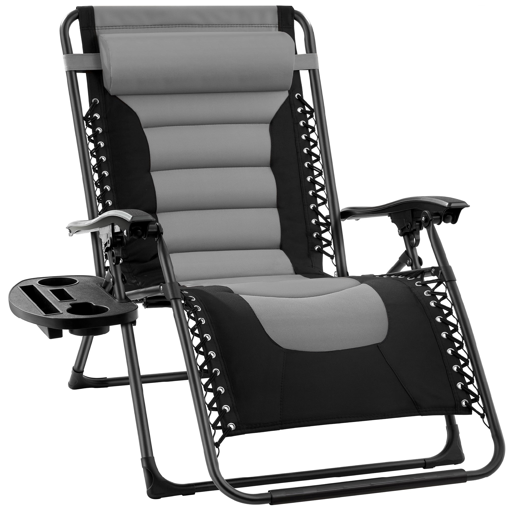 Oversized Padded Zero Gravity Chair, Folding Recliner w/ Headrest, Side Tray - Gray/Black