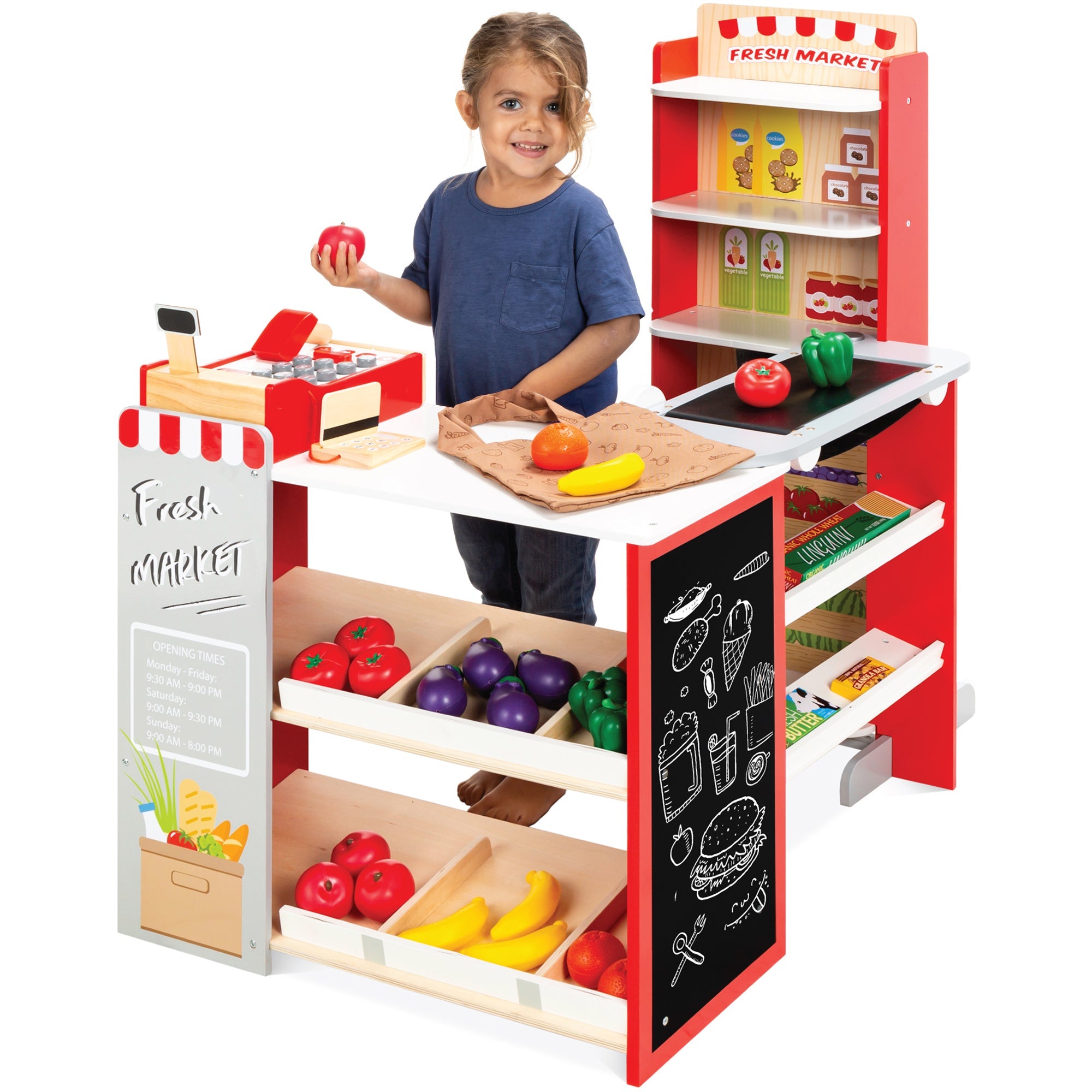 Kids Pretend Play Grocery Store Supermarket Toy Set w/ Accessories - Red