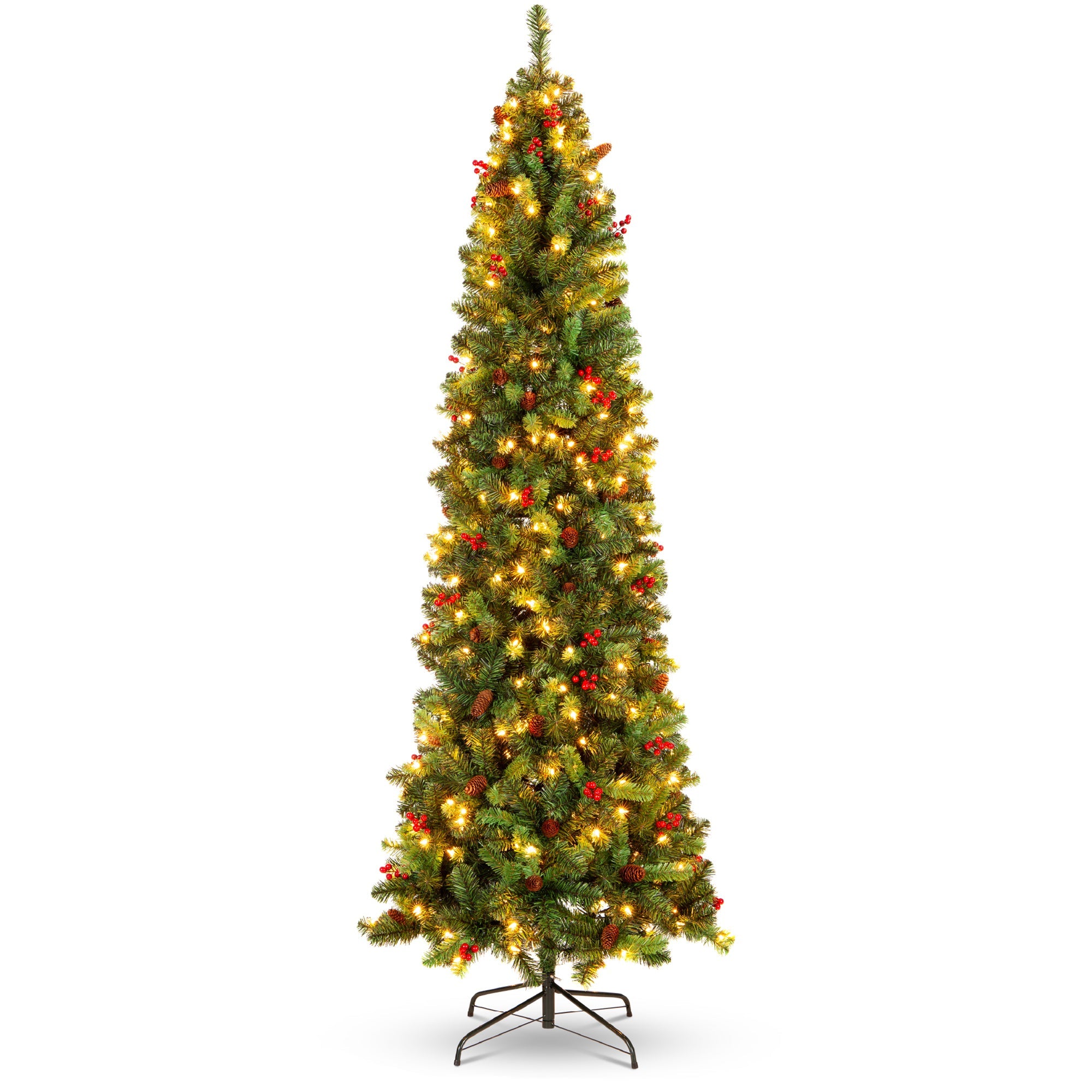 Pre-Lit Spruce Pencil Christmas Tree w/ Berries, Pine Cones - 9ft