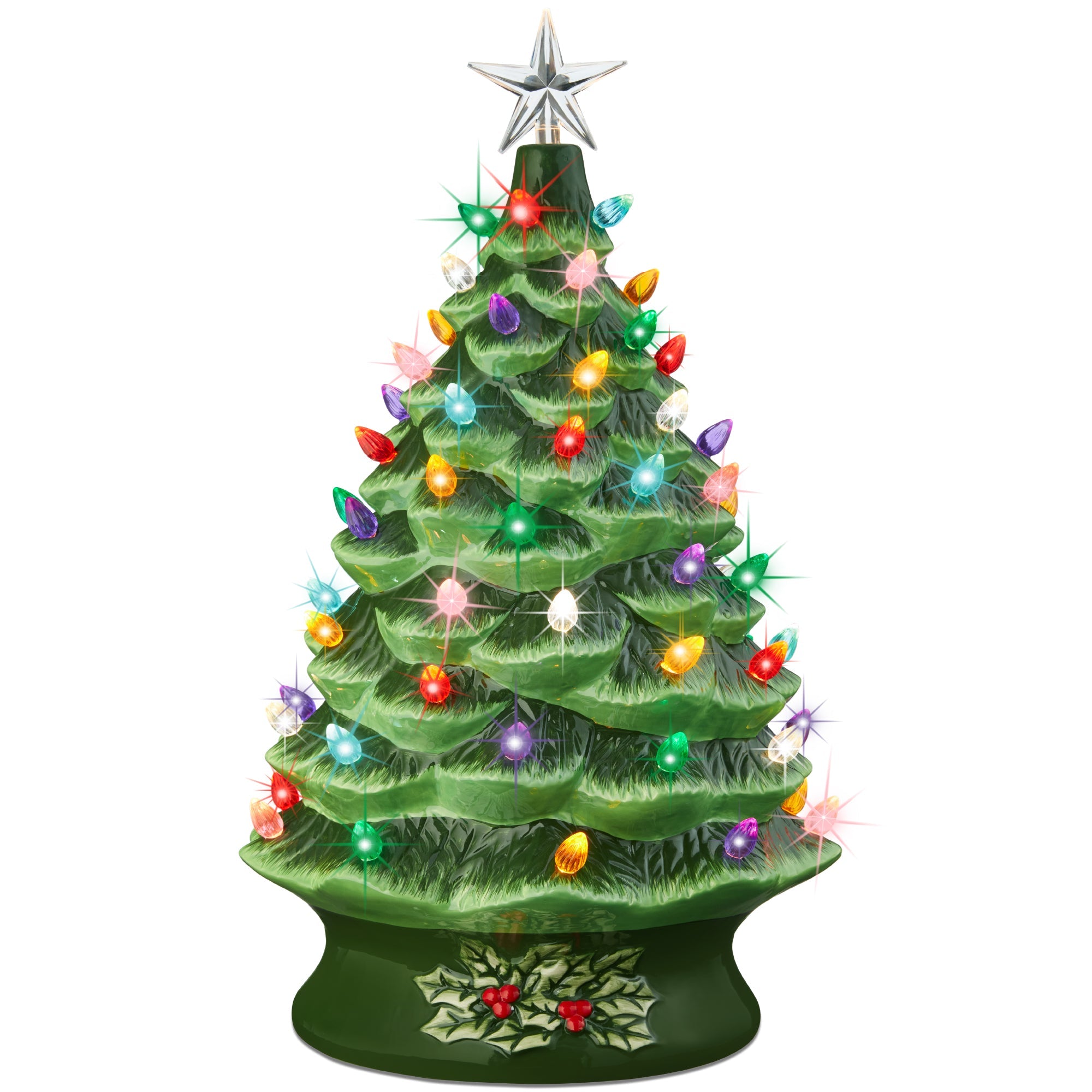 XL Pre-Lit Ceramic Christmas Tree Decoration w/ LED Light, Timer - 24in - Green