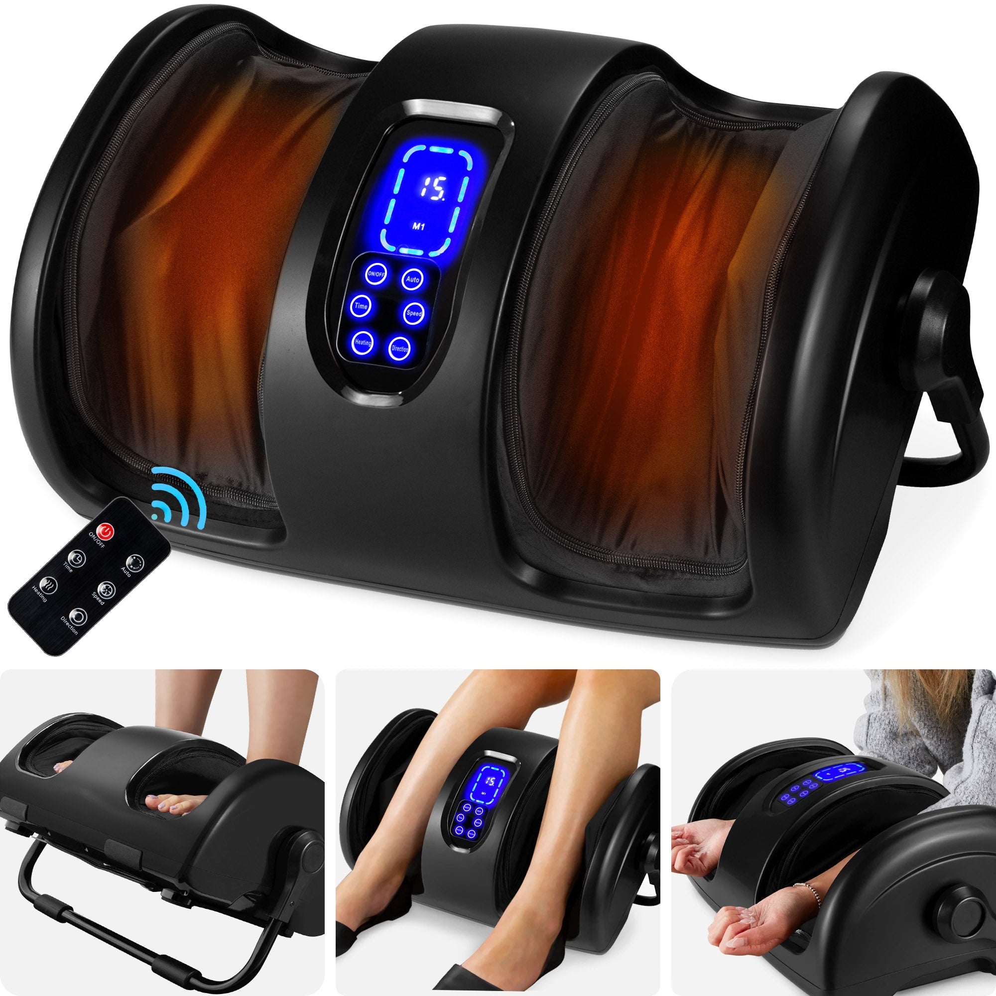 Reflexology Shiatsu Foot Massager w/ High-Intensity Rollers, Remote Control - Satin Black
