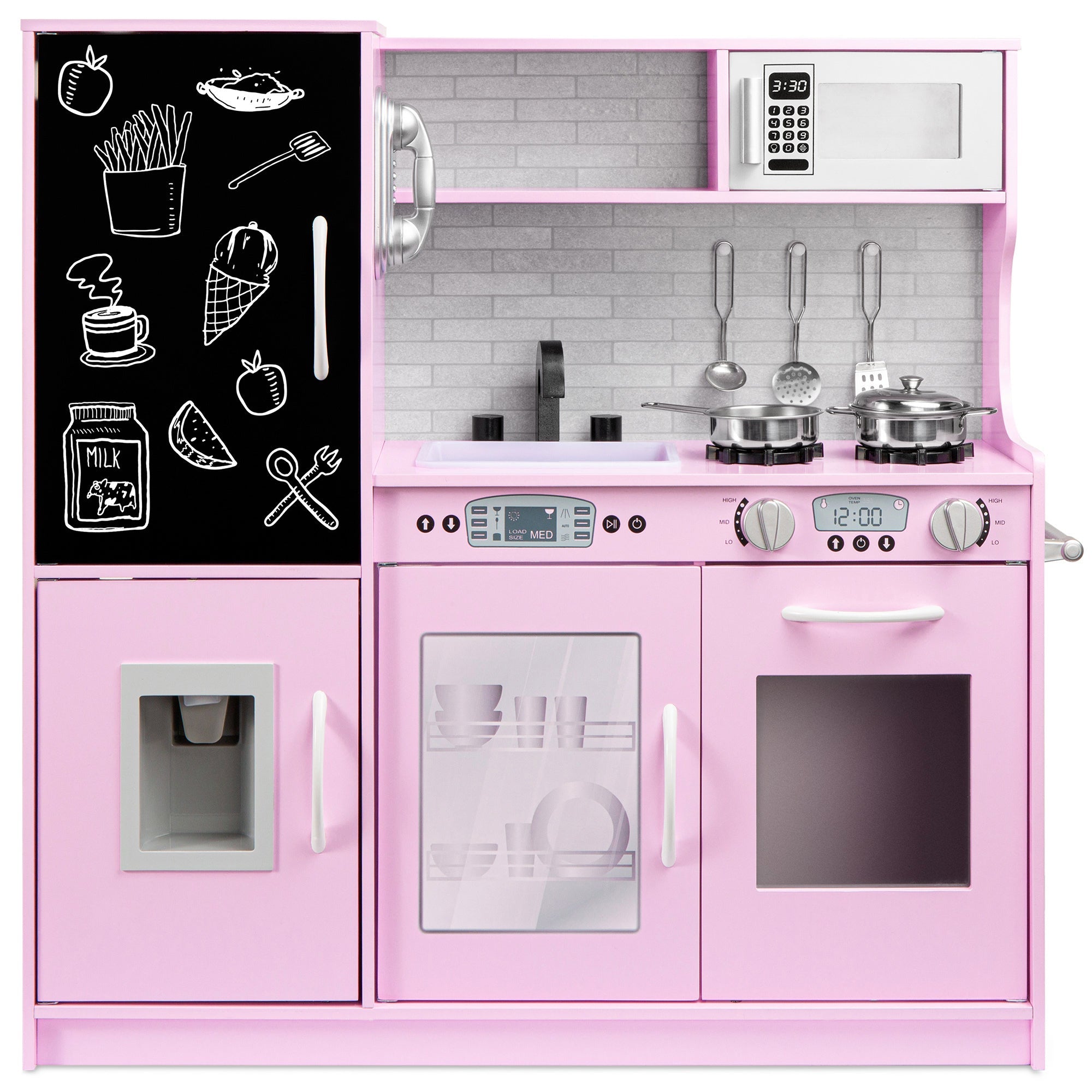 Pretend Play Kitchen Wooden Toy Set for Kids with 11 Accessories - Pink
