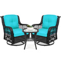 3-Piece Patio Wicker Bistro Furniture Set w/ 2 Swivel Rocking Chairs, Table - Teal