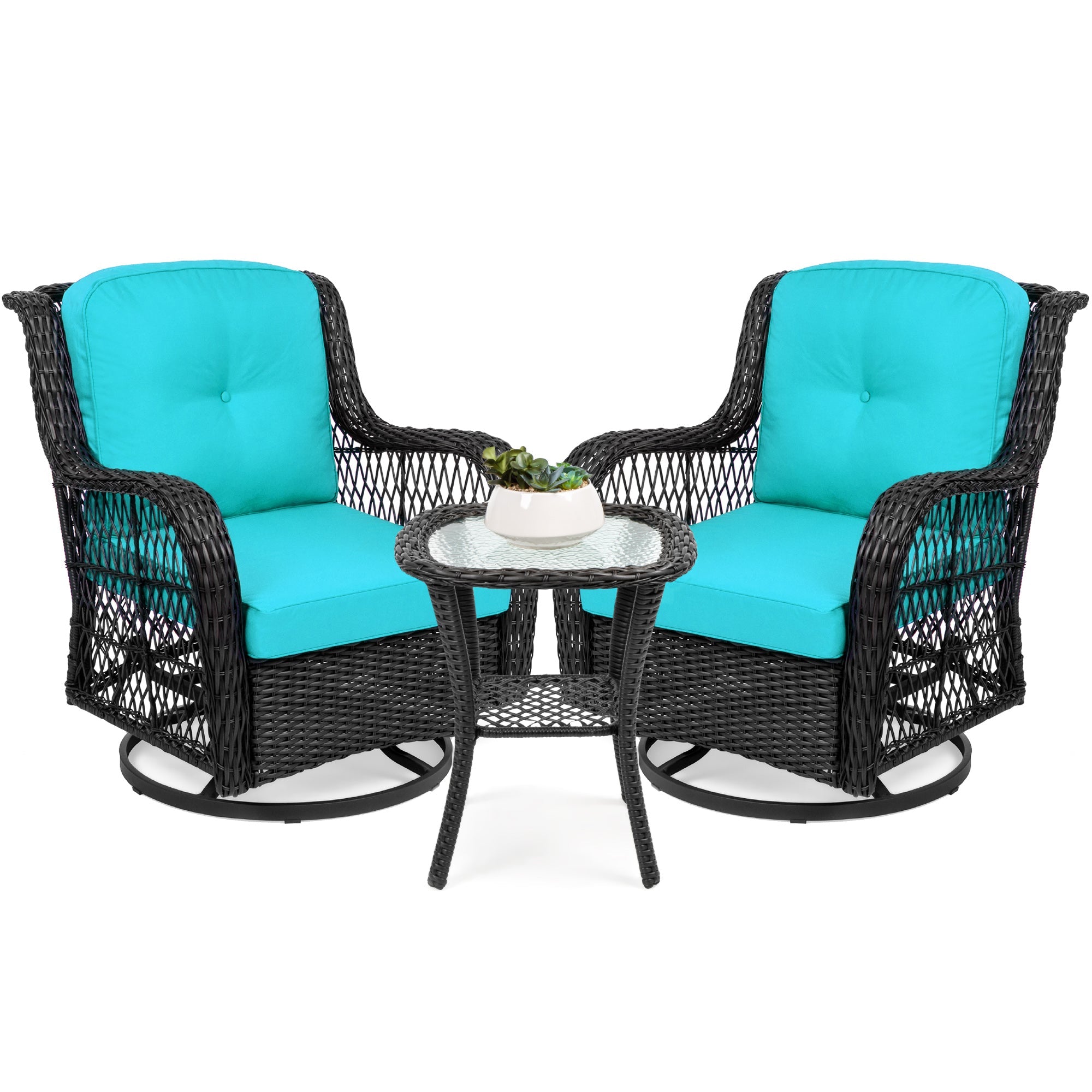 3-Piece Patio Wicker Bistro Furniture Set w/ 2 Swivel Rocking Chairs, Table - Teal
